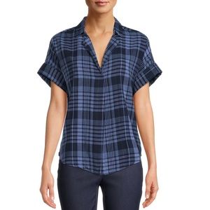 Time and Tru Blue Plaid Roll Sleeve Popover Shirt, size M